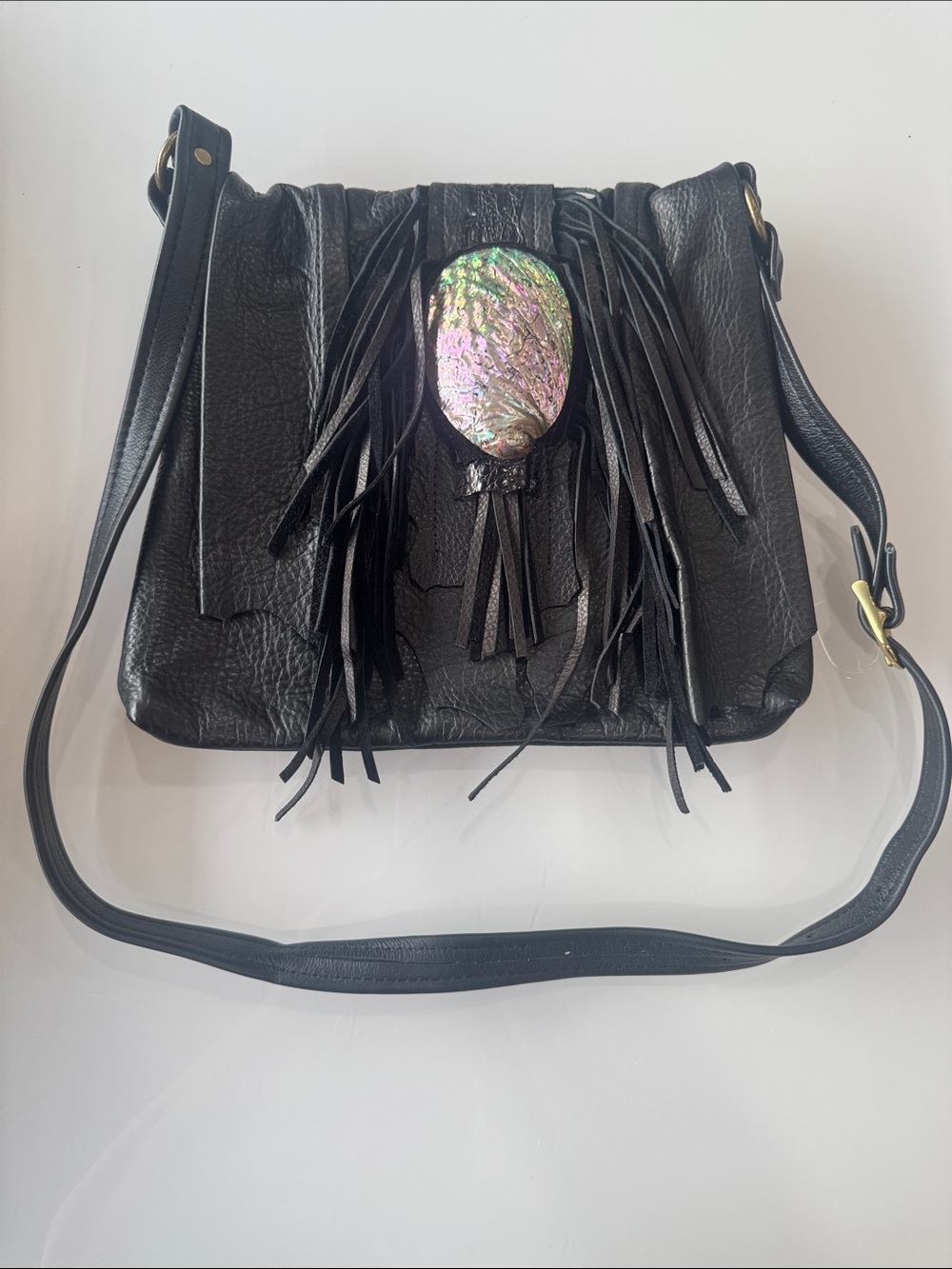 Black Fringe Crossbody Bag with Iridescent Stone Accent